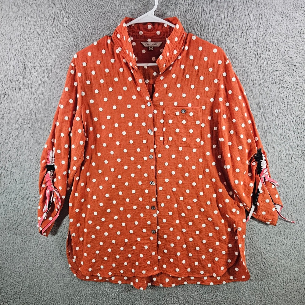 John Mark Burnt‎ Orange Polka Dot Button Down Tie Sleeve Shirt Womens Medium